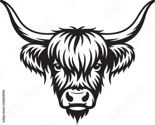 Highland Cow Head Vector Illustration with Long Horns and Shaggy Fur