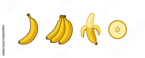 Colorful banana set with slices and varying peel stages on white background