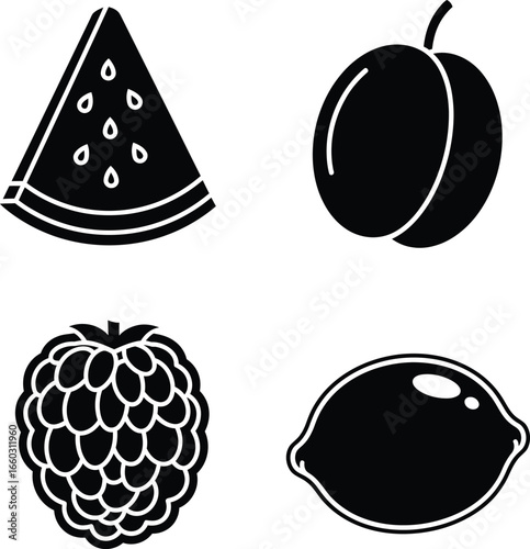Four stylized black and white fruit illustrations on a white background