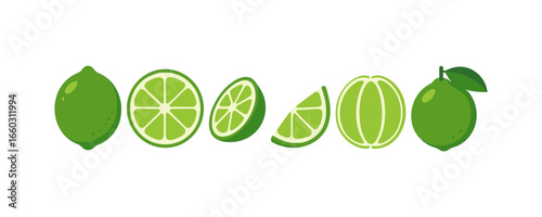 Fresh green lime slices and whole fruit set on white background