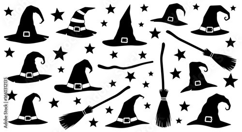 Halloween Witch Hats and Brooms Silhouettes - Spooky Holiday Icons for Decorations and Crafts
