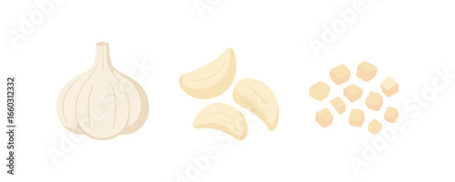 Various forms of garlic: whole, cloves, and chopped