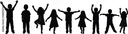 PrintSilhouettes of eight children in dynamic poses with raised arms and lifted legs, playful vector illustration for childhood energy and celebration themesSilhouettes 