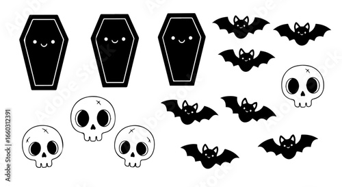 Halloween Cartoon Illustrations Coffins, Skulls, and Bats in Black and White for Spooky Designs