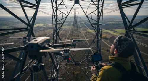 Aerial inspection pilot navigating a drone amidst steel transmission towers landscape