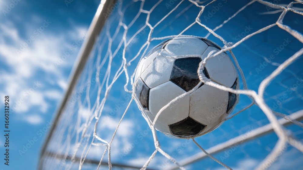 Naklejka premium Close-Up View of a Soccer Ball Hitting the Net Under a Bright Blue Sky with Fluffy White Clouds in a Clear Day