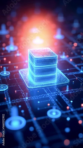 Futuristic digital data storage concept with glowing holographic stacks on a network grid background