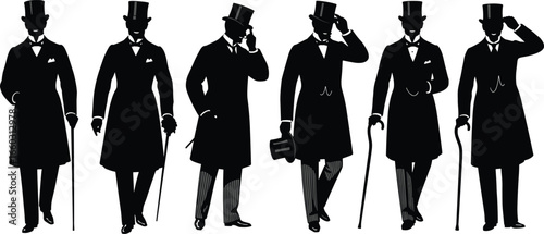 PrintSilhouettes of gentlemen in vintage formal attire with top hats, long coats, and canes depicting elegant historical fashion vector illustration set