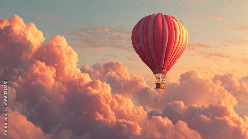 Fototapeta premium A Vibrant Hot Air Balloon Gliding Among Soft Pink Clouds at Sunset, Capturing the Essence of Adventure and Freedom in the Sky