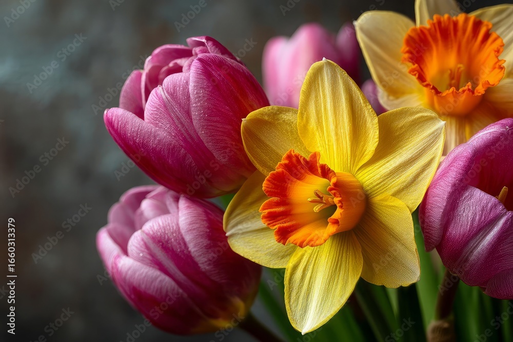 Naklejka premium Vibrant spring blooms of tulips and daffodils for elegant designs