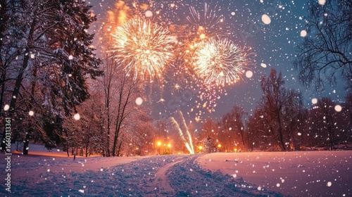 Winter fireworks snow park nighttime