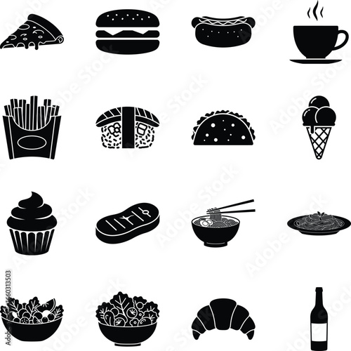 Delicious Vector Illustrations of Pizza, Burger, Hot Dog, Ice Cream, and More for Culinary Inspiration in a Modern Kitchen Environment