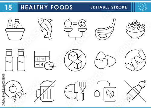 Healthy foods related icons set. Dairy, fish, meat, beans, eggs, no sugar, balanced diet, and so on. Vector editable stroke.