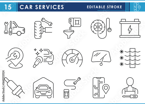 Car services related line icons set. Car, service, repair, oil, windshield, AC, and so on. Vector editable stroke.