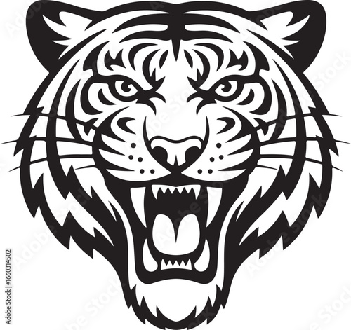Fierce Tiger Head Roaring Vector Illustration with Detailed Stripes and Fangs