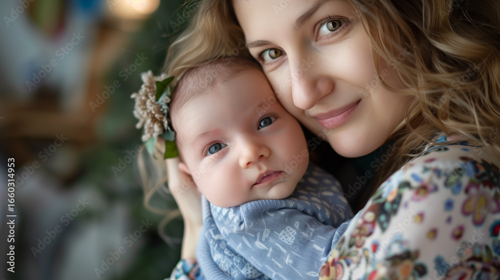 Obraz premium Loving mother hugs her little baby at home
