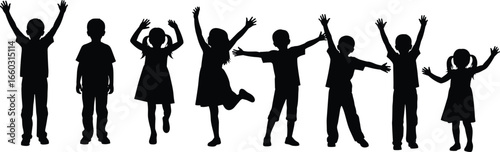 PrintSilhouettes of nine children standing with raised arms, jumping and dancing, energetic playful vector illustration
