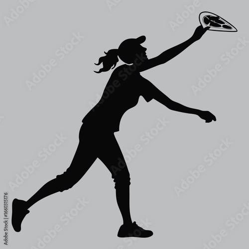 Woman throwing frisbee shaped like pizza silhouette vector design art and illustration