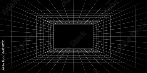 Futuristic perspective grid box. Abstract wireframe with white grid line on black background. Virtual reality landscape in 80s 90s digital style. Vector