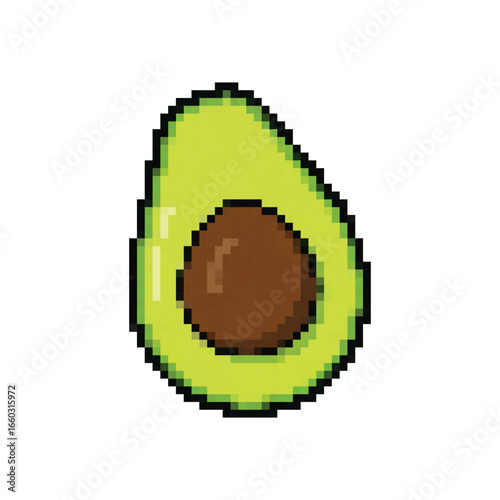 Pixelated avocado half showing seed against white backdrop creating retro digital aesthetic, perfect for food related projects.