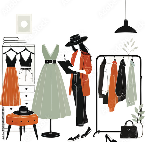 Fashion stylist inspecting and planning outfits with various clothes and accessories