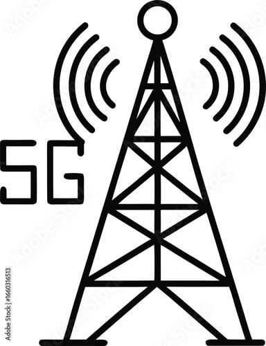 Minimalist 5g network tower line art silhouette isolated on white background