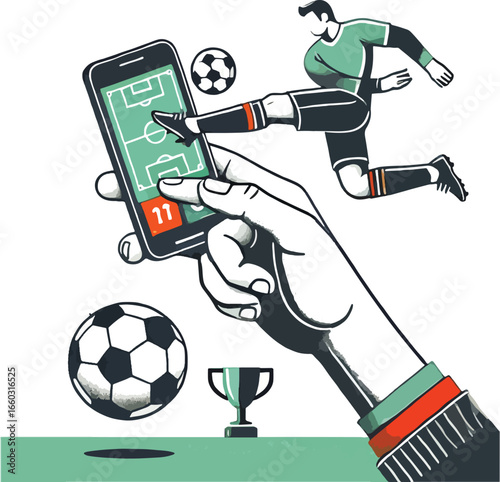 Hand holding smartphone displaying soccer match with ball and trophy illustration