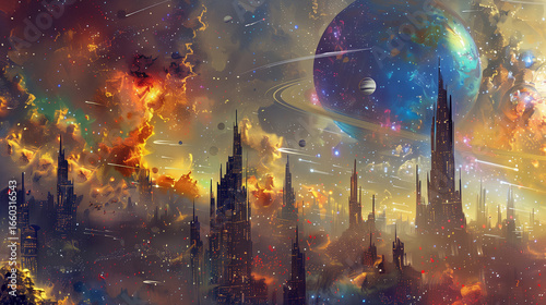 Coloroful Mysterious city with alien landscapes and futuristic technology