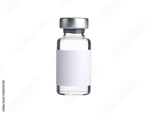 A small empty transparent vaccine ampoule bottle mockup with a white label isolated on a transparent background.