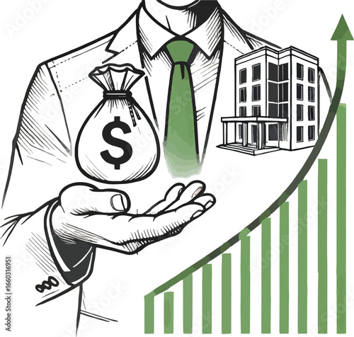 Investment concept with rising graph buildings money bag and hand offering financial growth.