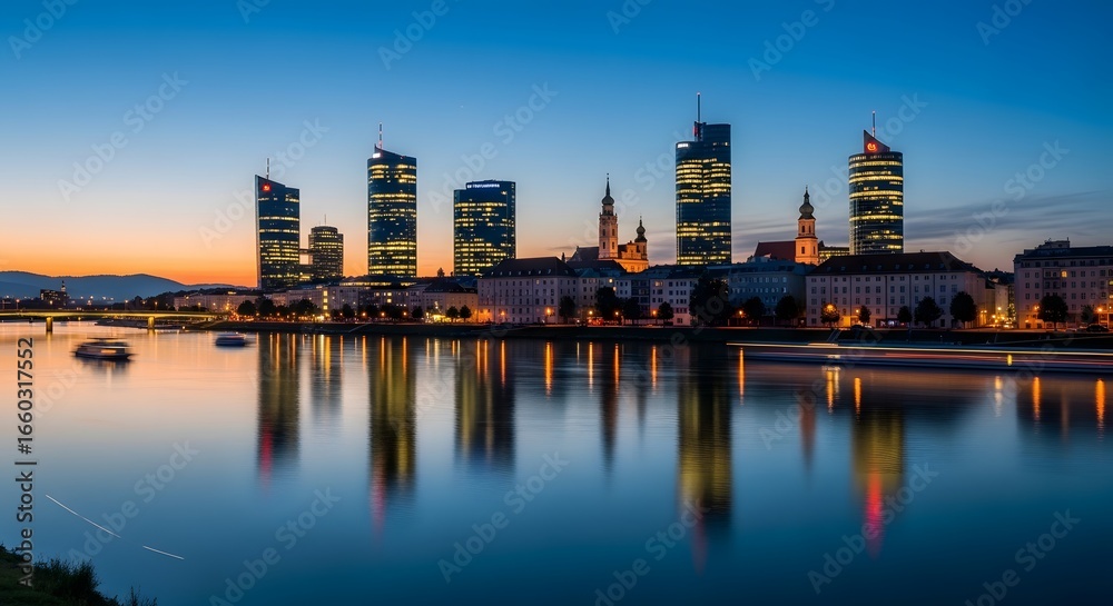 Naklejka premium Photo of vienna cityscape at dusk with modern skyscrapers reflecting on the danube river