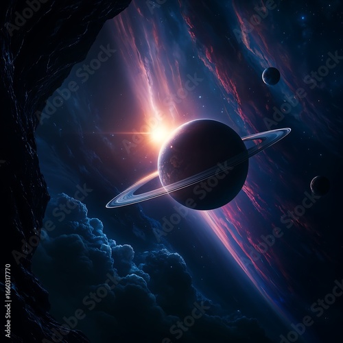 Ringed Planet in Dark Space with Glowing Nebula and Dramatic Lighting