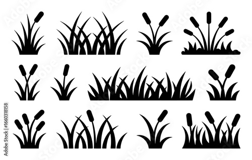 Black Silhouette Icons of Cattails and Grasses in Various Arrangements