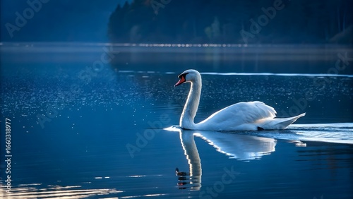 Elegant white swans gracefully swimming on a blue lake reflecting their beautiful feathers