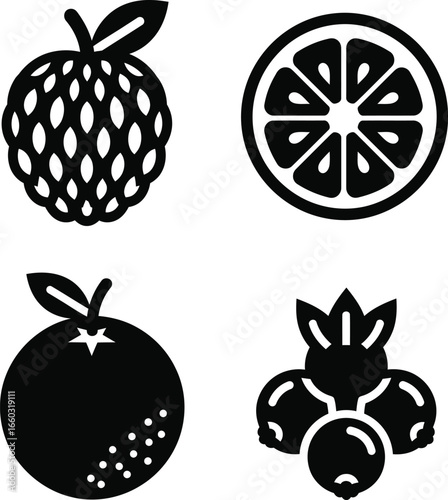 Four stylized fruit icons in black and white