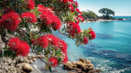 Blooming pohutukawa tree on seacoast against blue sky on a sunny day. Beach and the ocean on background. Iconic New Zealand's native Christmas tree.