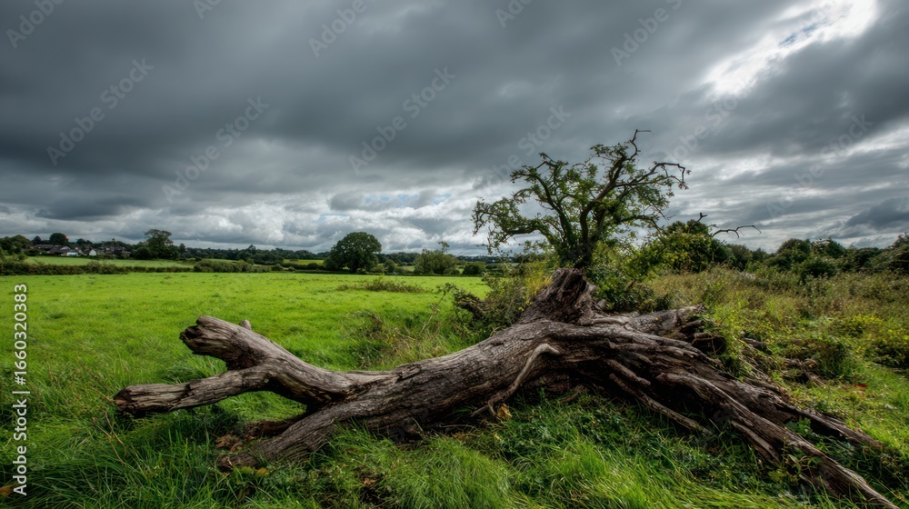 Rural landscape with fallen tree Rural landscape with fallen tree