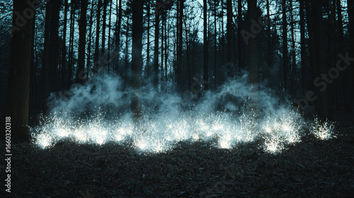 Mystical forest scene featuring glowing sparks and ethereal mist among tall trees creates enchanting atmosphere. interplay of light and shadow evokes sense of wonder and magic