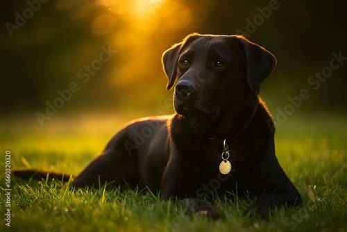 Black Dog Lying on Grass at Sunset with Collar and Tag