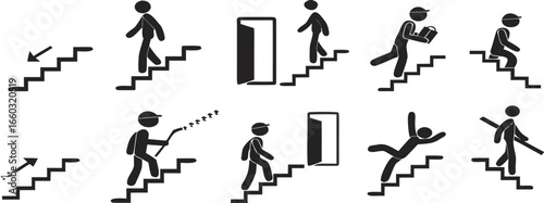Bundle icon indoor safety stairs sign, arrow direction up and down, use handrail, injury hazard building label  
