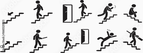 Bundle icon indoor safety stairs sign, arrow direction up and down, use handrail, injury hazard building label  
