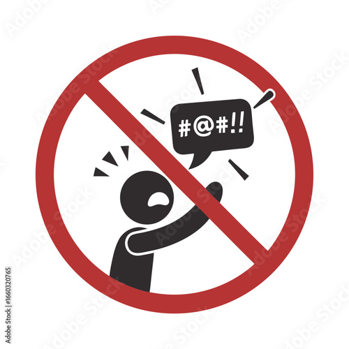 Isolated prohibition sign showing forbidden rude speech, swearing, or vulgar language using bubble symbol with random characters, emphasizing respectful ... See More
