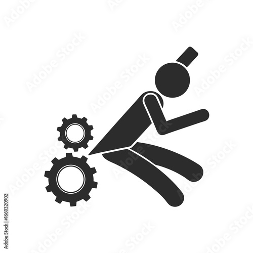 Isolated pictogram man with clothing caught in rotating machine gear, cogwheel safety caution sign 
