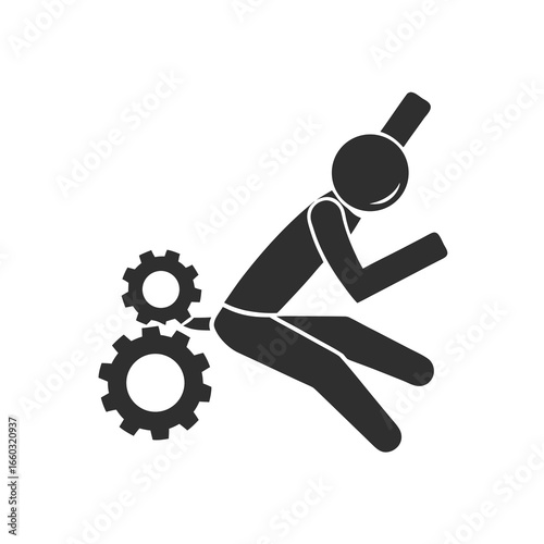Isolated pictogram man with clothing caught in rotating machine gear, cogwheel safety caution sign 
