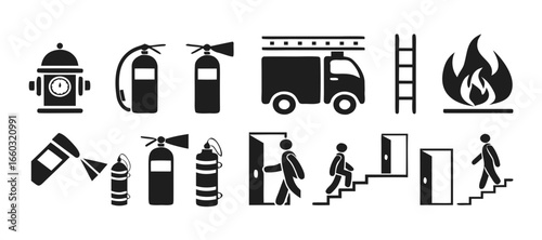 Isolated bundle Firefighting icons: hose, hydrant, flame, exit, emergency, symbolizing safety, rescue, fire department equipment, and alerts 
