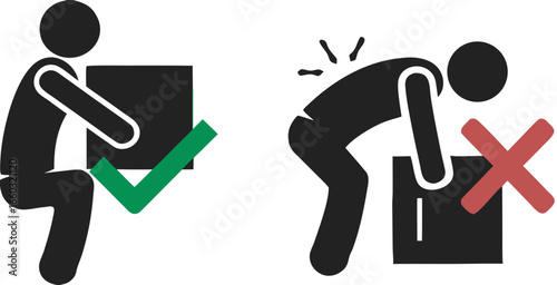 Bundle set of pictogram right and wrong way to lift heavy box, for backpain safety sign 
