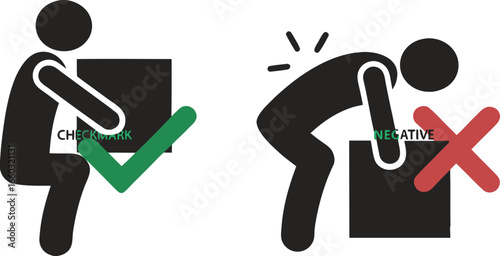 Bundle set of pictogram right and wrong way to lift heavy box, for backpain safety sign 
