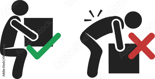 Bundle set of pictogram right and wrong way to lift heavy box, for backpain safety sign 
