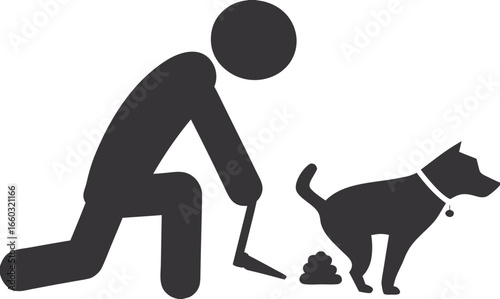 Isolated pictogram of a person scooping and cleaning up dog poop, designed for park signage 
