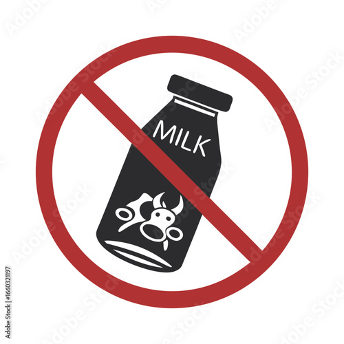 Isolated prohibition sign: This food and drink do not contain milk, suitable for lactose-intolerant and allergy label 
